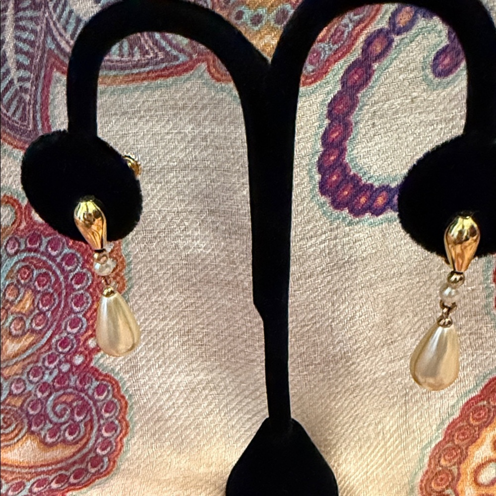 Vintage Napier Gold-Tone Faux Pearl Drop Clip-on Earrings